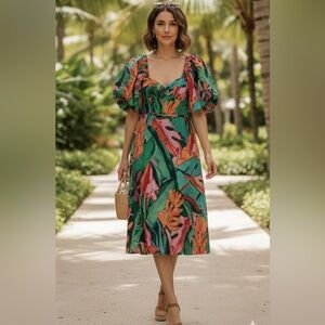 FARM Rio Green Floral Midi Dress
